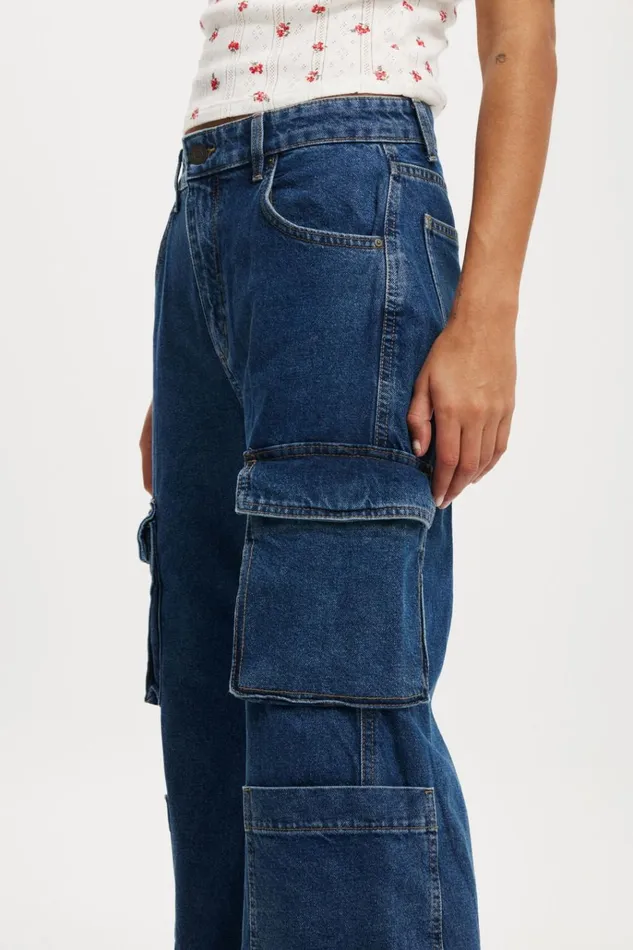 Women Pants Cotton On Cargo Wide Leg Jean Nordic Blue