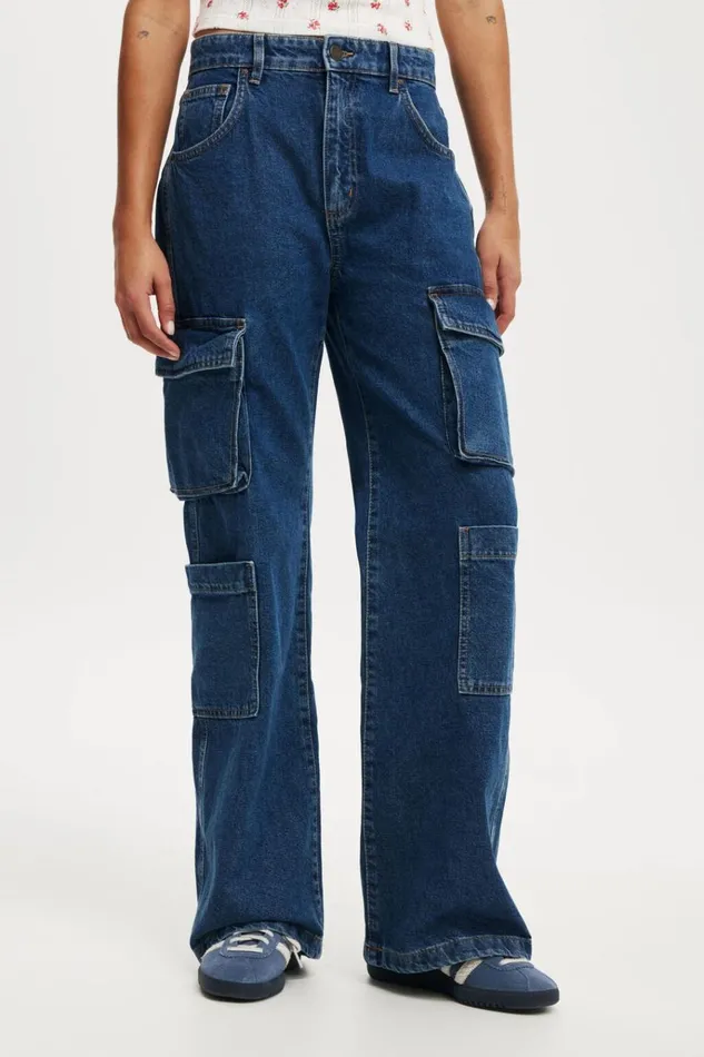 Women Pants Cotton On Cargo Wide Leg Jean Nordic Blue