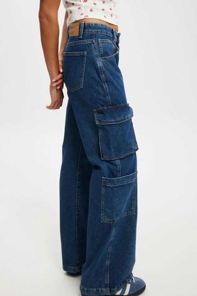 Women Pants Cotton On Cargo Wide Leg Jean Nordic Blue