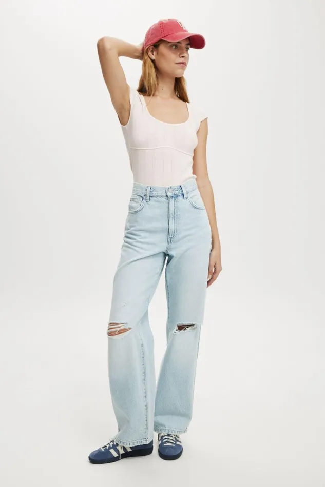 Women Pants Cotton On Loose Straight Jean Crystal Blue Rip