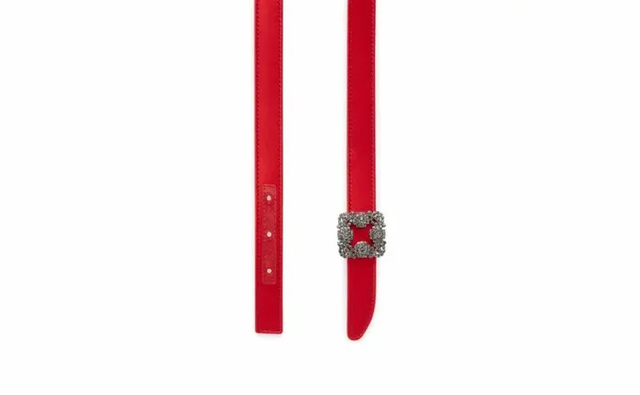 Women Red Satin Crystal Buckled Belt Manolo Blahnik Belts