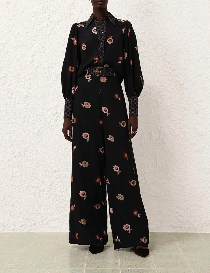 Women Shorts and Pants Zimmermann Belted Wide Leg Pant Black Floral