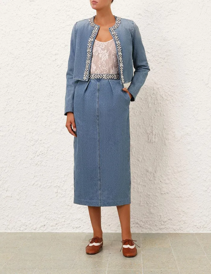 Women Skirts Zimmermann Crush Embellished Denim Skirt Blue Moon