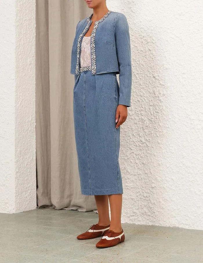 Women Skirts Zimmermann Crush Embellished Denim Skirt Blue Moon