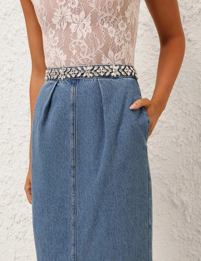 Women Skirts Zimmermann Crush Embellished Denim Skirt Blue Moon