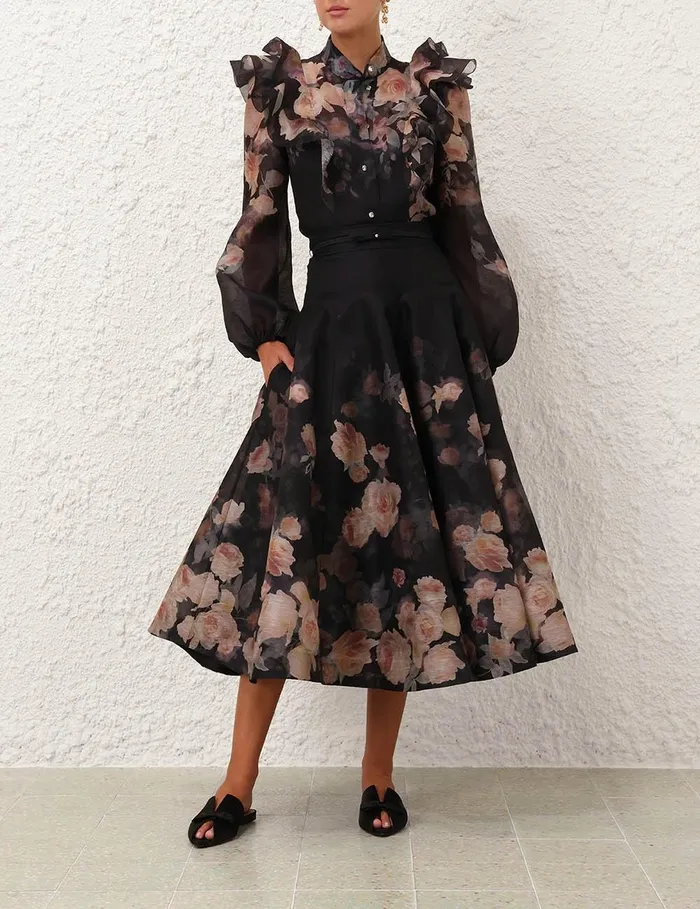 Women Skirts Zimmermann Crush Flared Midi Skirt Black Floral
