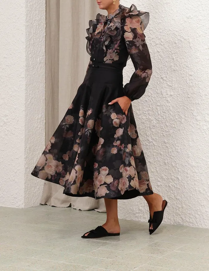 Women Skirts Zimmermann Crush Flared Midi Skirt Black Floral