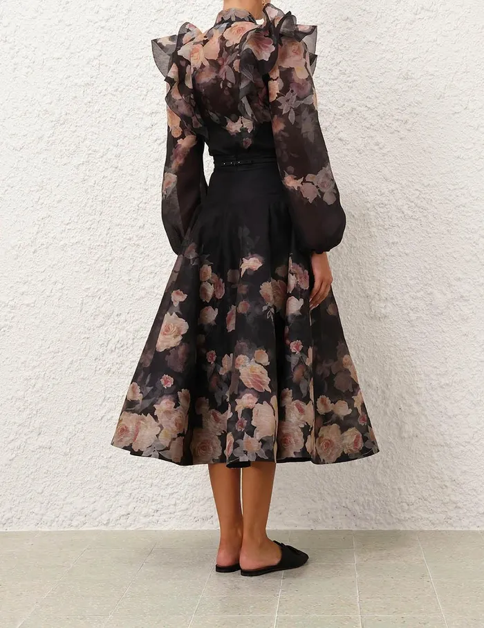 Women Skirts Zimmermann Crush Flared Midi Skirt Black Floral