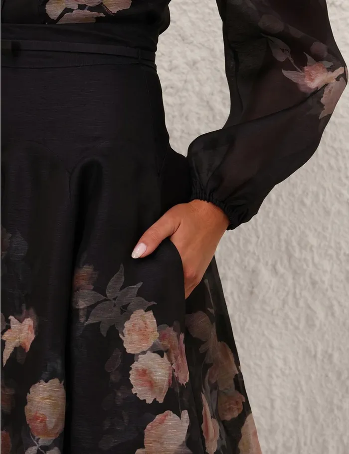 Women Skirts Zimmermann Crush Flared Midi Skirt Black Floral