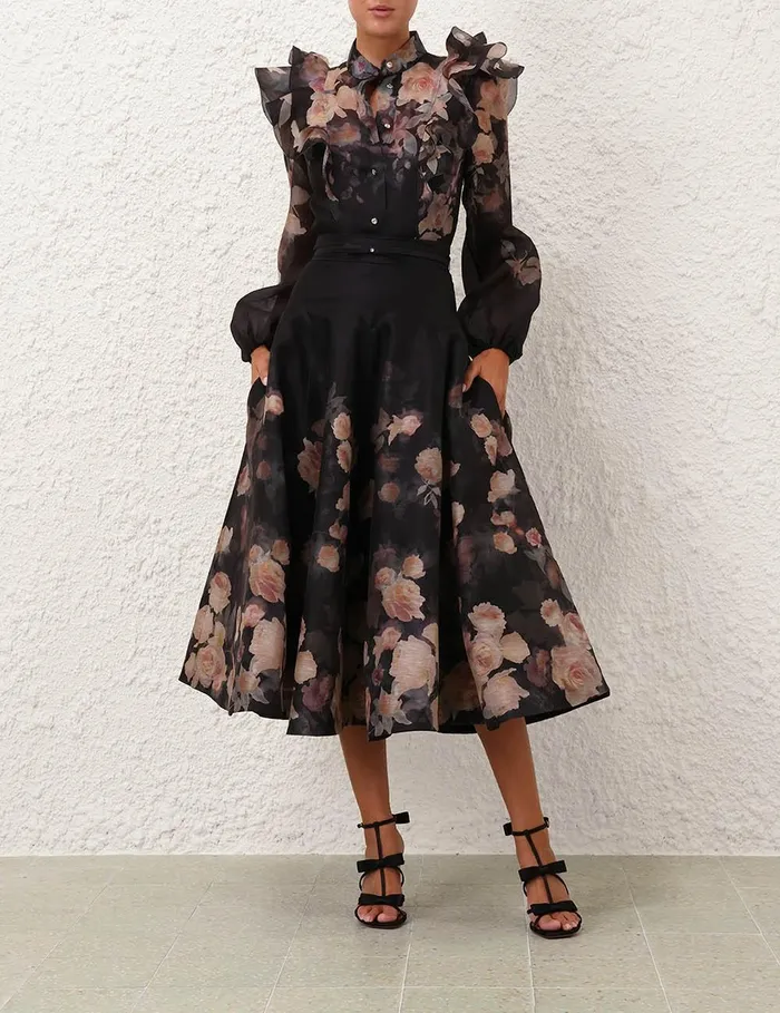 Women Skirts Zimmermann Crush Flared Midi Skirt Black Floral