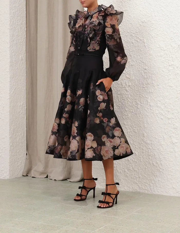 Women Skirts Zimmermann Crush Flared Midi Skirt Black Floral
