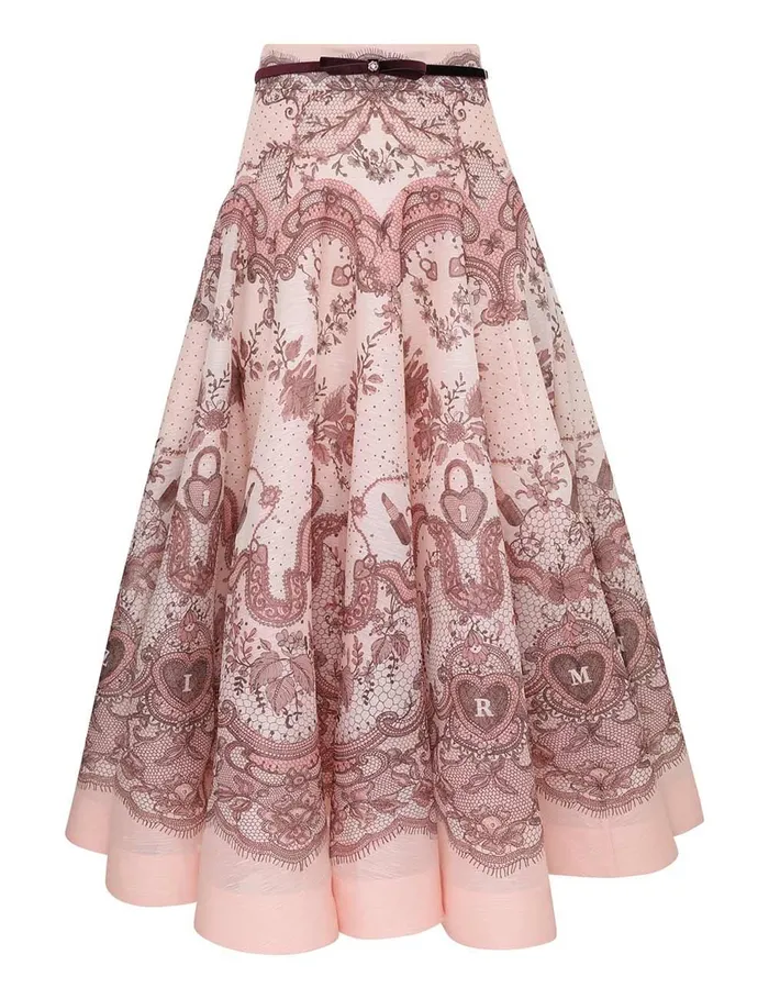 Women Skirts Zimmermann Crush Flared Midi Skirt Pink Lace Print