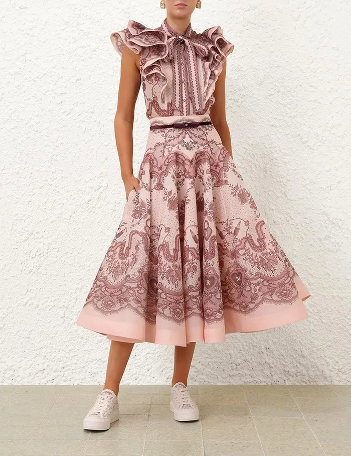 Women Skirts Zimmermann Crush Flared Midi Skirt Pink Lace Print