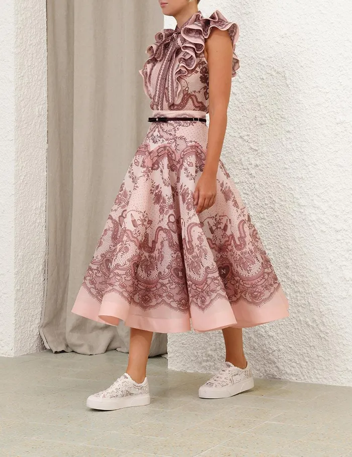 Women Skirts Zimmermann Crush Flared Midi Skirt Pink Lace Print