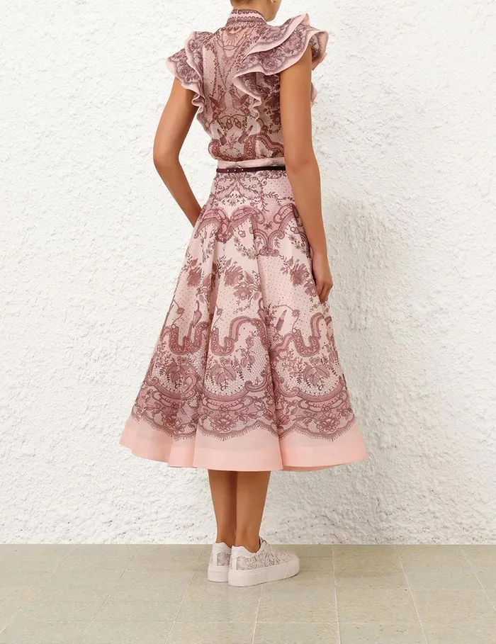 Women Skirts Zimmermann Crush Flared Midi Skirt Pink Lace Print