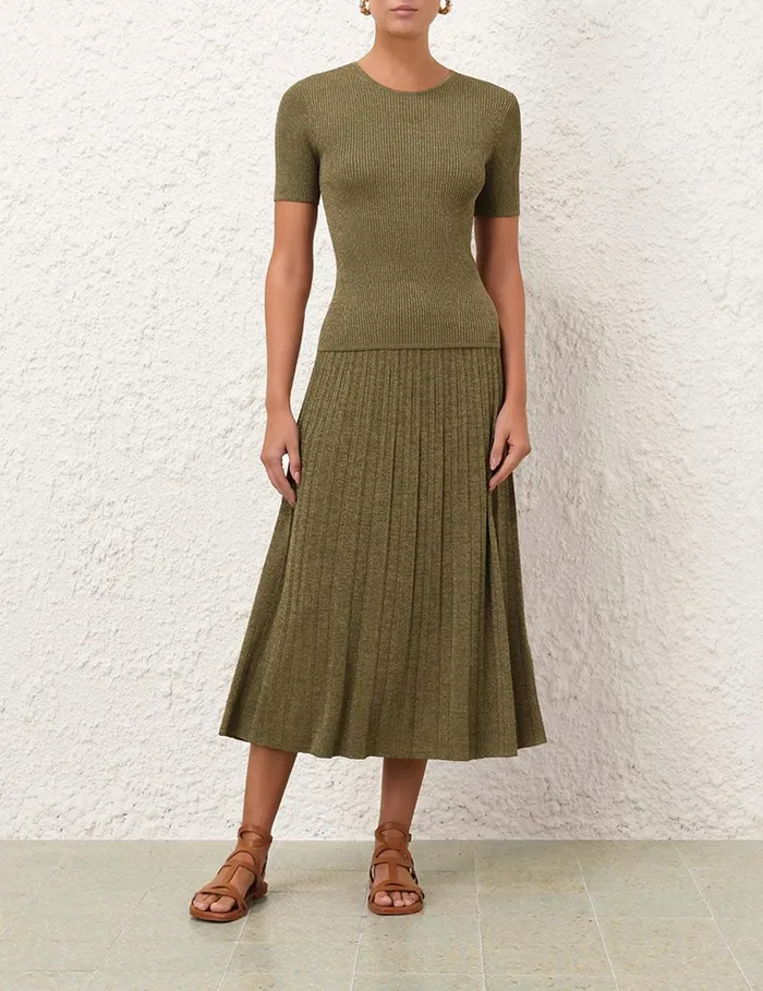 Women Skirts Zimmermann Wylie Rib Midi Skirt Dusty Olivegold