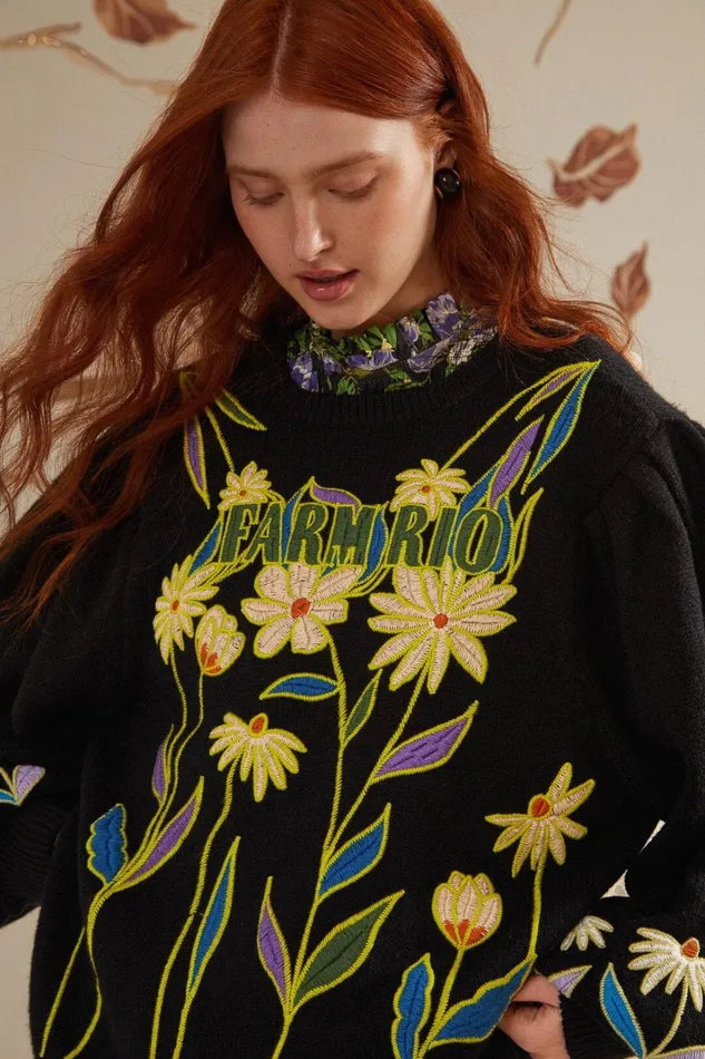 Women Sweaters and Sweatshirts Farm Rio Black Flowers Embroidered Knit Sweater