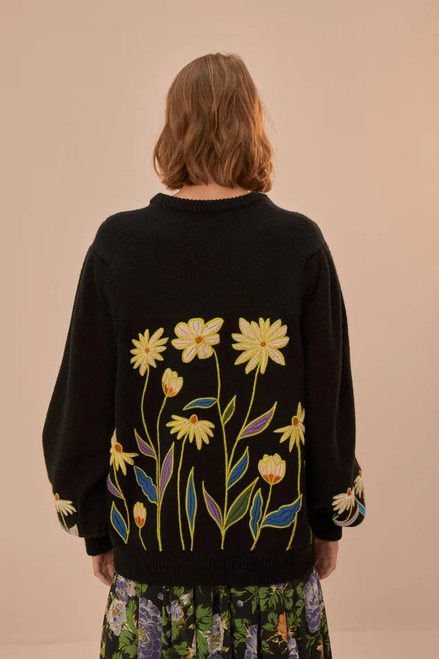 Women Sweaters and Sweatshirts Farm Rio Black Flowers Embroidered Knit Sweater
