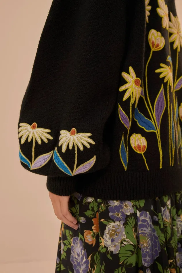 Women Sweaters and Sweatshirts Farm Rio Black Flowers Embroidered Knit Sweater