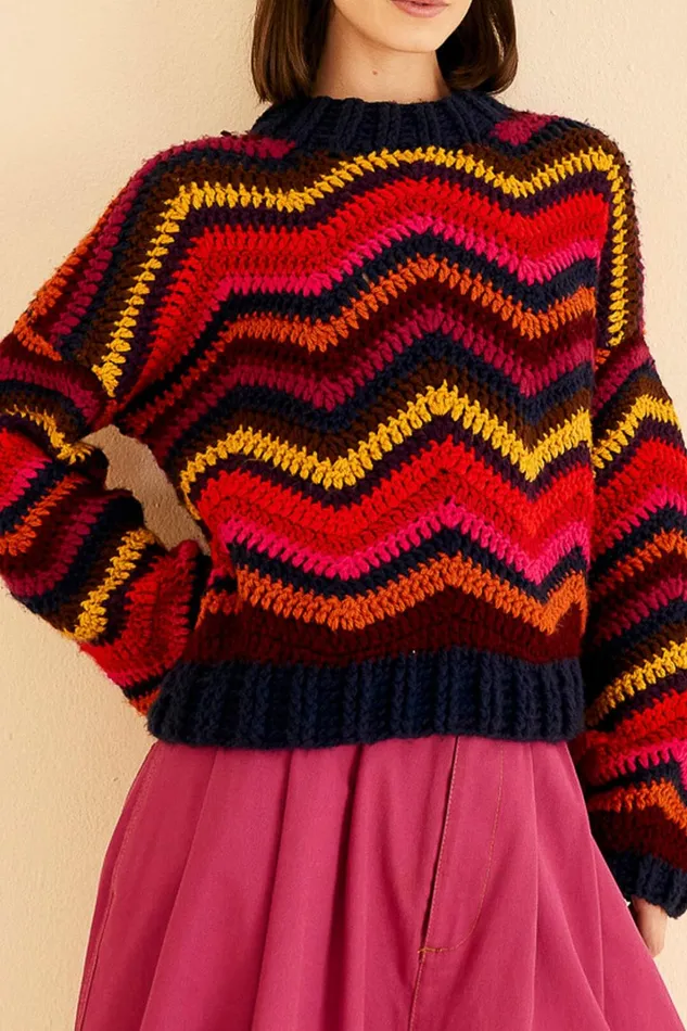 Women Sweaters and Sweatshirts Farm Rio Colorful Waves Crochet High Neck Sweater