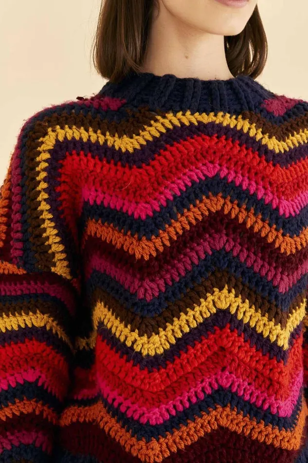 Women Sweaters and Sweatshirts Farm Rio Colorful Waves Crochet High Neck Sweater