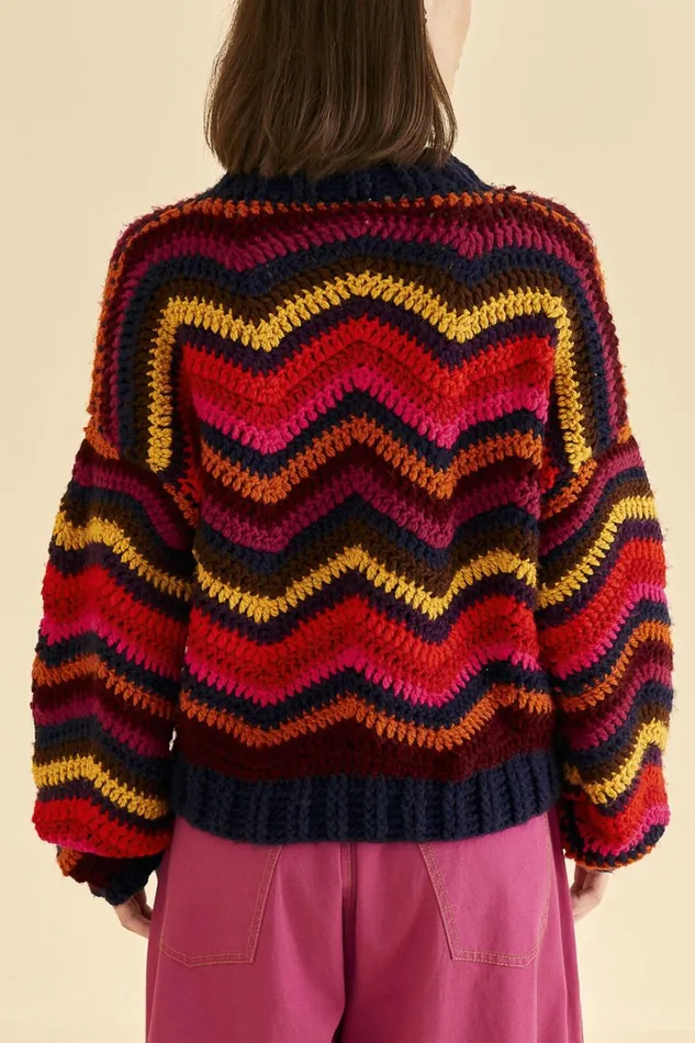 Women Sweaters and Sweatshirts Farm Rio Colorful Waves Crochet High Neck Sweater