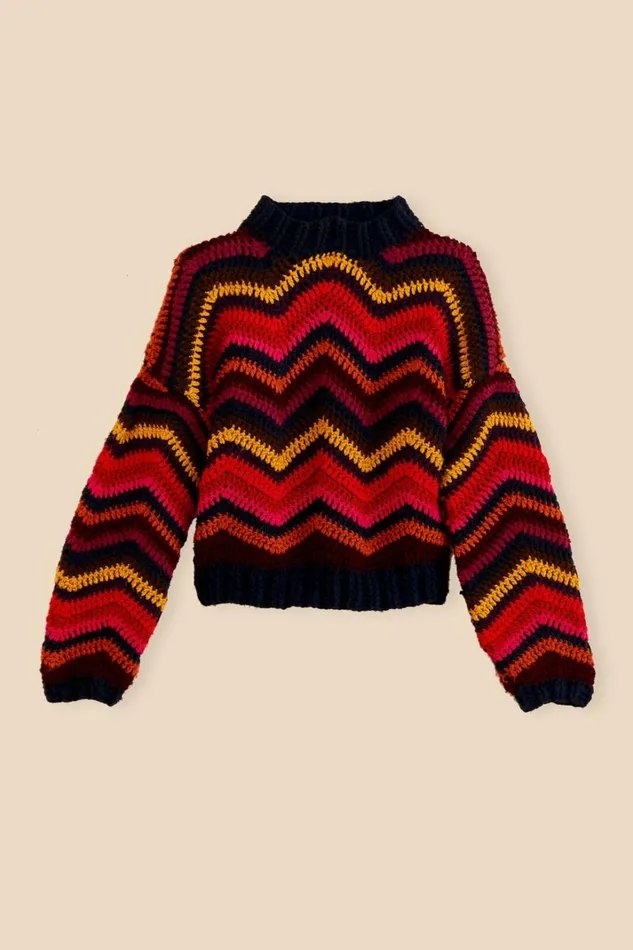 Women Sweaters and Sweatshirts Farm Rio Colorful Waves Crochet High Neck Sweater