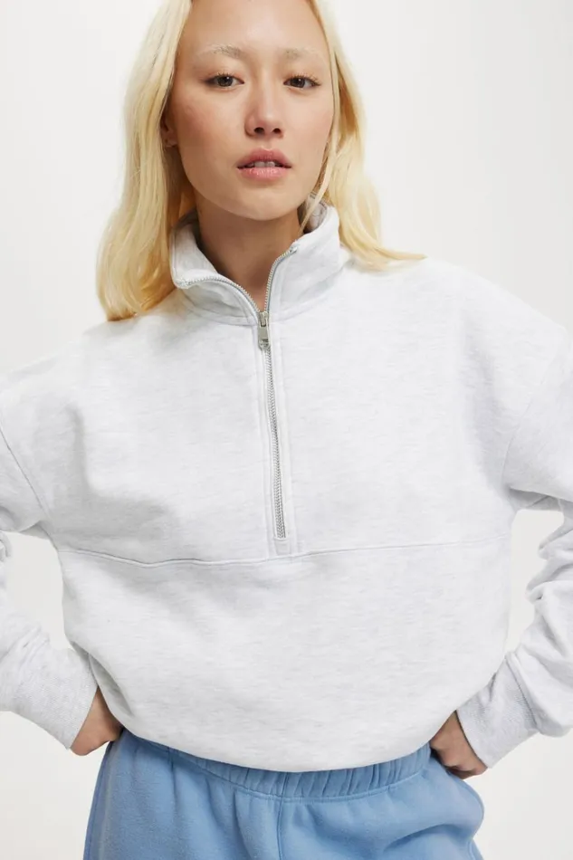 Women Sweats and Hoodies Cotton On Plush Essential Half Zip Jumper Cloudy Grey Marle