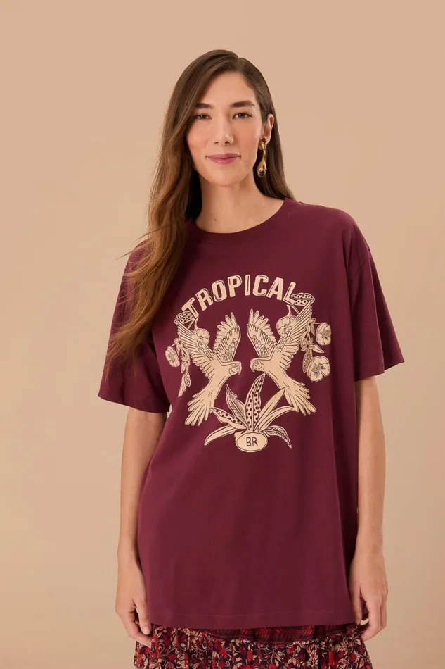 Women TShirts Farm Rio Burgundy Tropical Organic Cotton Relaxed TShirt