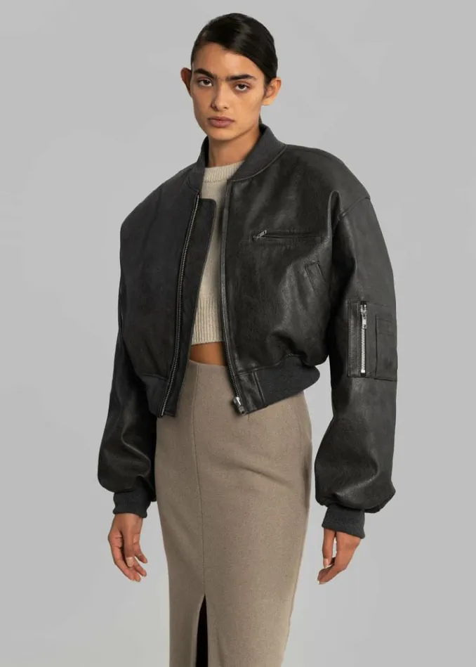 Women The Frankie Shop Gae Faux Leather Cropped Bomber 8211 Charcoal Charcoal