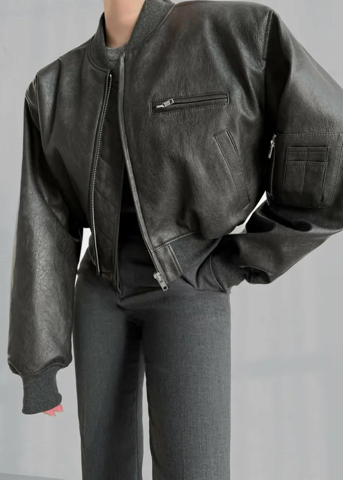 Women The Frankie Shop Gae Faux Leather Cropped Bomber 8211 Charcoal Charcoal