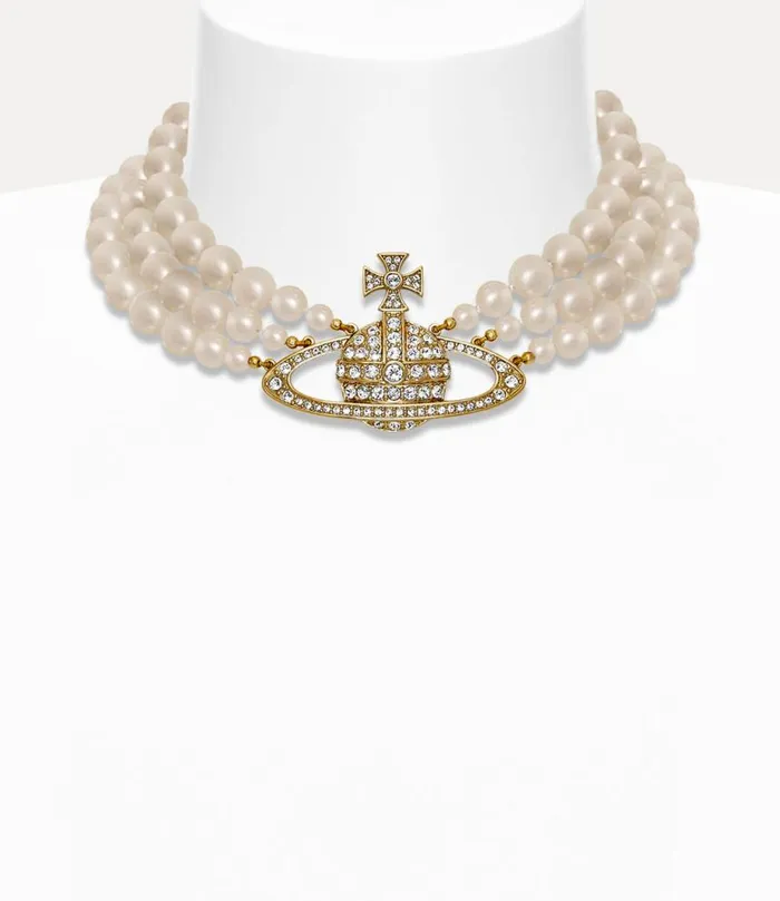 Women Three Row Pearl Bas Relief Choker Goldpearlcrystal Vivienne Westwood Necklaces Women Three Row Pearl Bas Relief Choker Goldpearlcrystal Vivienne Westwood Necklaces