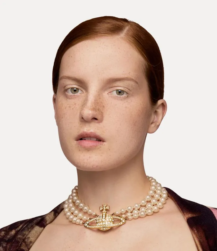 Women Three Row Pearl Bas Relief Choker Goldpearlcrystal Vivienne Westwood Necklaces Women Three Row Pearl Bas Relief Choker Goldpearlcrystal Vivienne Westwood Necklaces