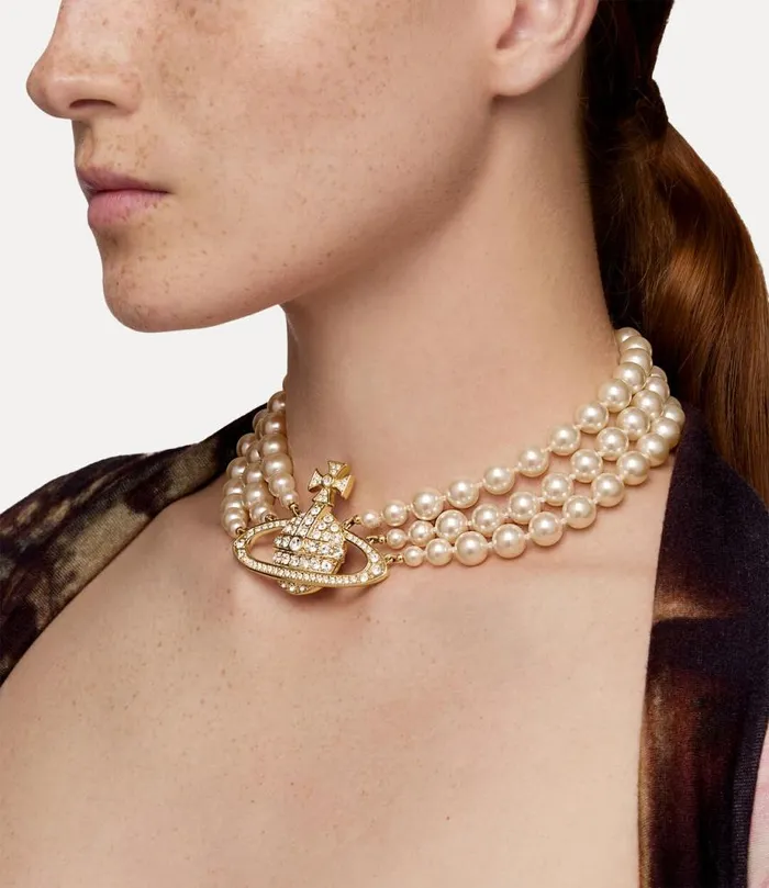 Women Three Row Pearl Bas Relief Choker Goldpearlcrystal Vivienne Westwood Necklaces Women Three Row Pearl Bas Relief Choker Goldpearlcrystal Vivienne Westwood Necklaces