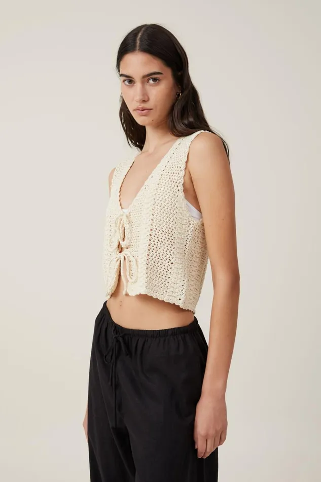 Women Tops Cotton On Crochet Tie Front Vest Ecru