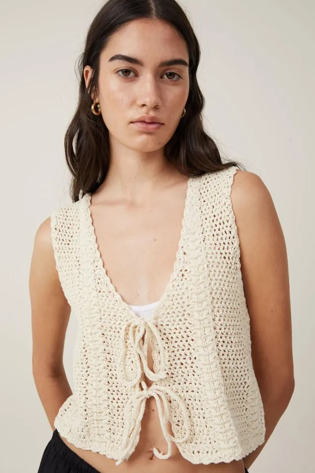 Women Tops Cotton On Crochet Tie Front Vest Ecru