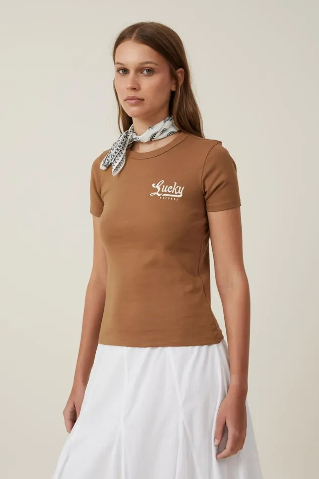 Women Tops Cotton On Fitted Rib Graphic Longline Tee Lucky Records Pinecone