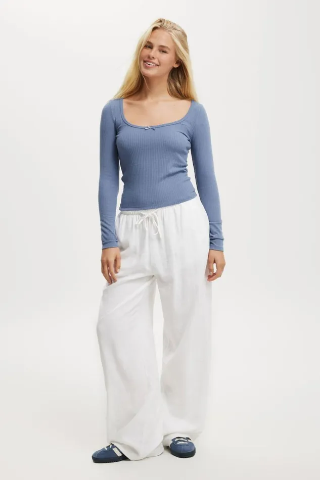 Women Tops Cotton On Heidi Picot Trim Long Sleeve Top Elemental Blue