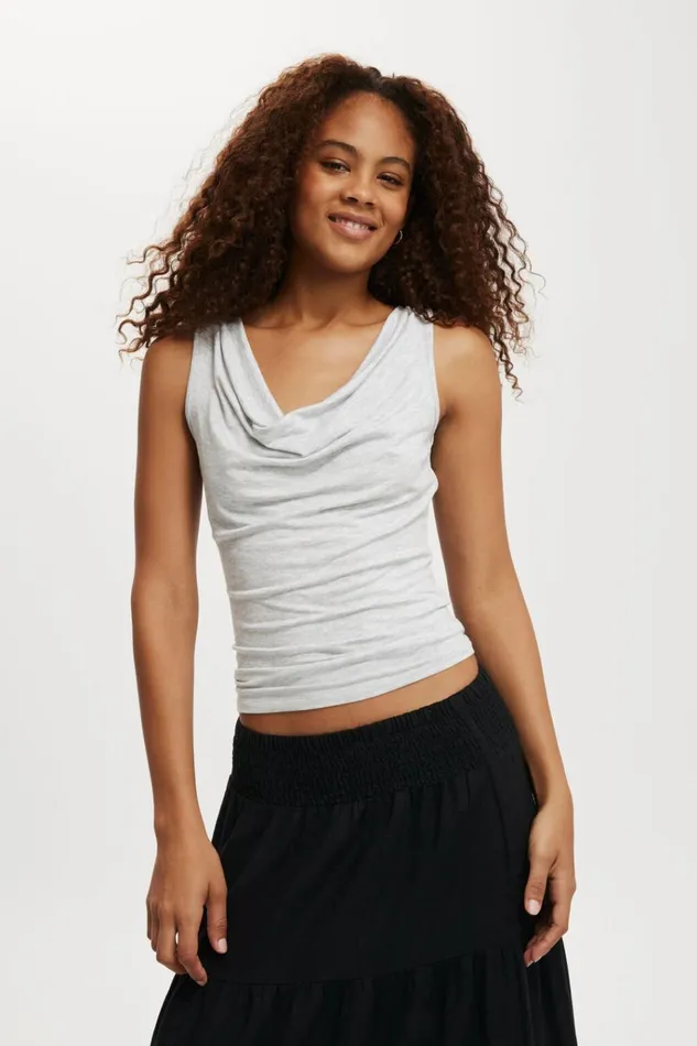 Women Tops Cotton On Lexa Tie Back Cowl Neck Top Grey Marle
