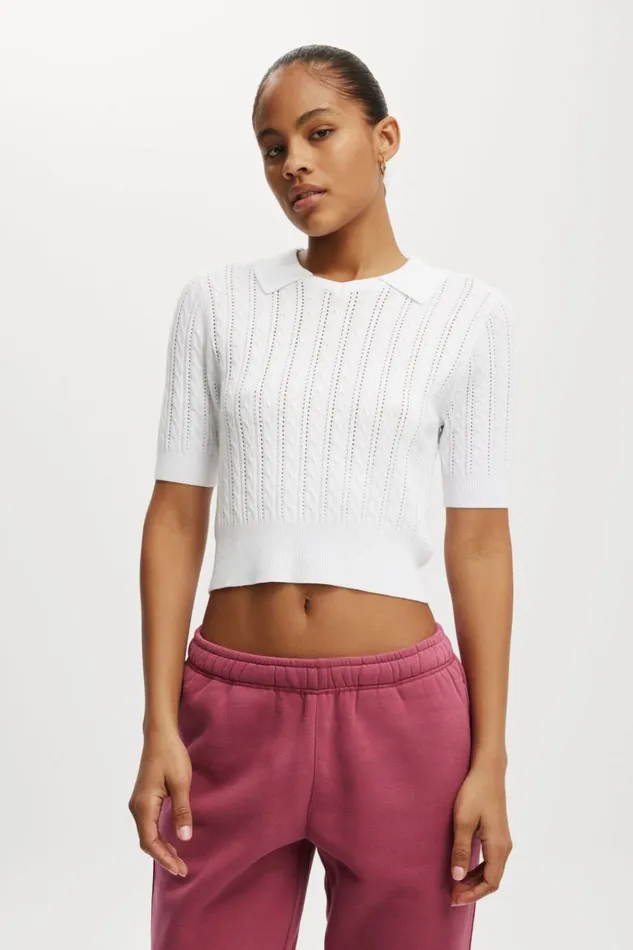Women Tops Cotton On Lightweight Knit Polo Tshirt White