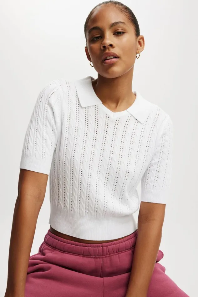 Women Tops Cotton On Lightweight Knit Polo Tshirt White