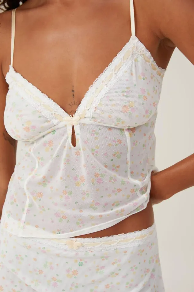 Women Tops Cotton On Mesh Cami Follie Floral Cream