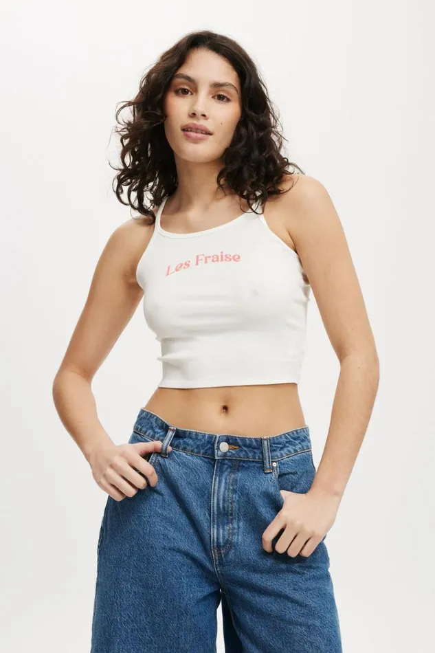 Women Tops Cotton On Racer Back Graphic Cami Les Fraise Vintage White