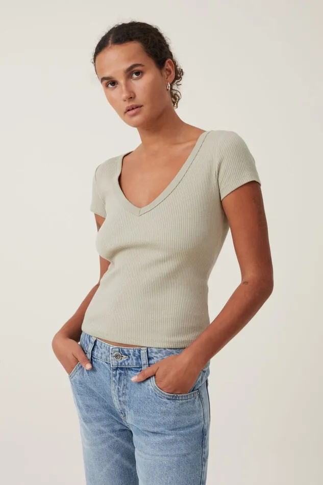Women Tops Cotton On Rory V Neck Short Sleeve Tee Desert Sage