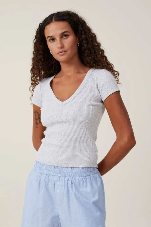 Women Tops Cotton On Rory V Neck Short Sleeve Tee Grey Marle