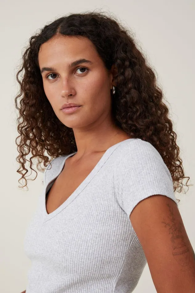 Women Tops Cotton On Rory V Neck Short Sleeve Tee Grey Marle