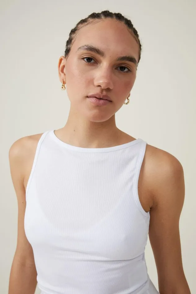Women Tops Cotton On Staple Rib Boat Neck Tank White
