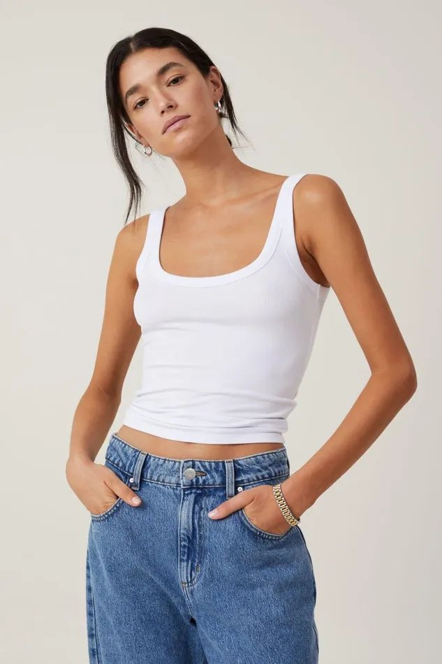 Women Tops Cotton On Staple Rib Double Scoop Tank White