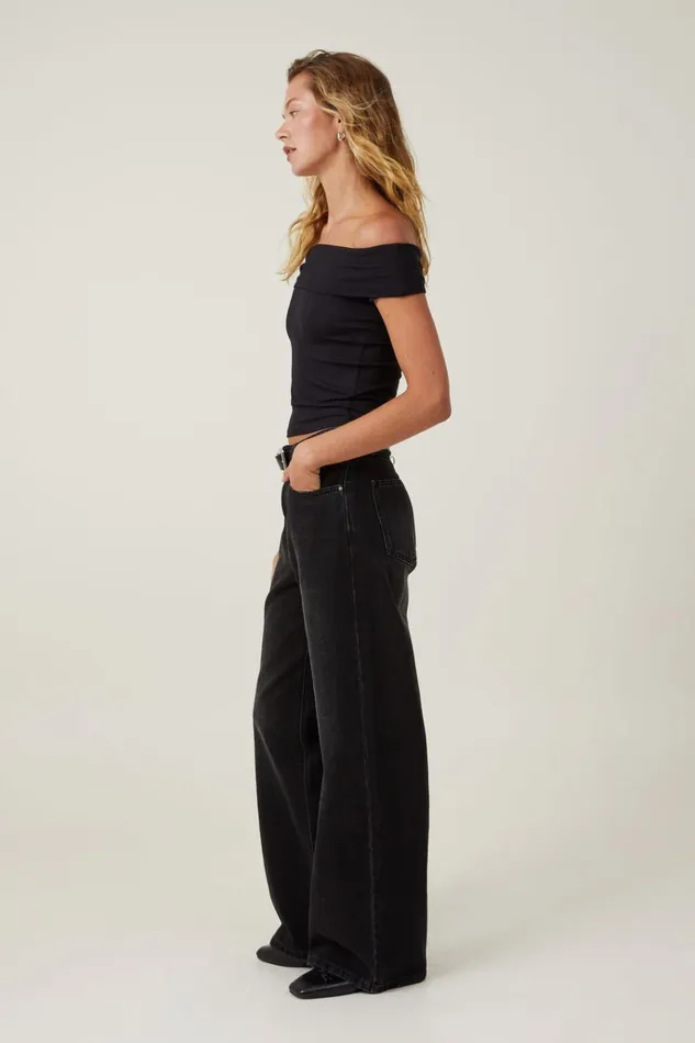 Women Tops Cotton On Staple Rib Off The Shoulder Short Sleeve Top Black