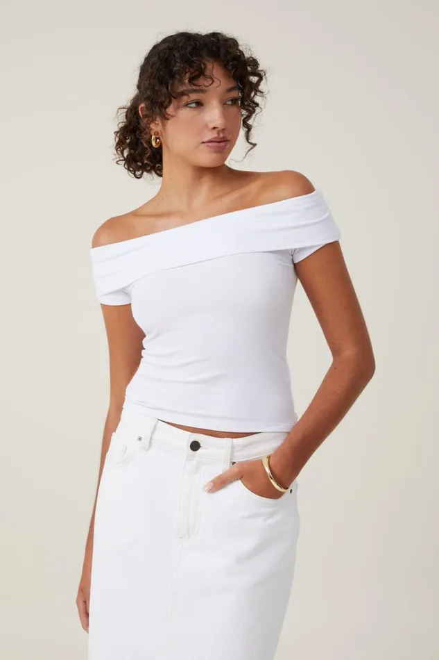 Women Tops Cotton On Staple Rib Off The Shoulder Short Sleeve Top White